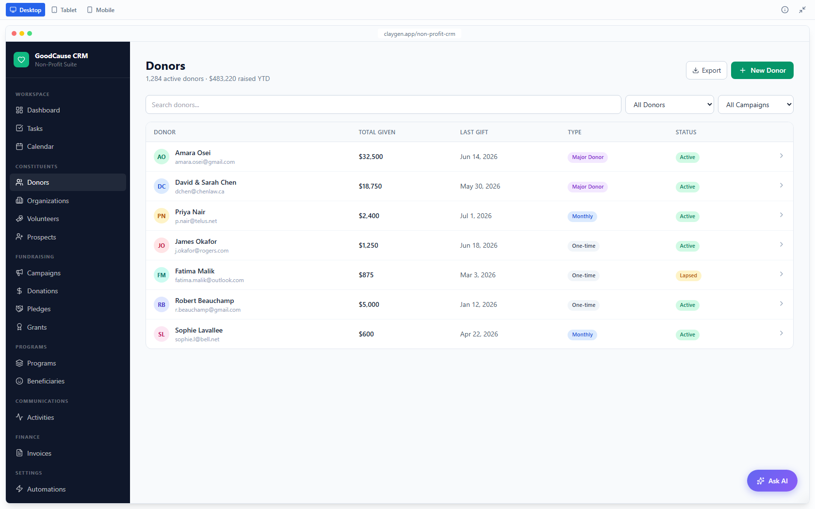 GoodCause CRM demo: the Donors screen. Every donor, total given, and last gift at a glance.