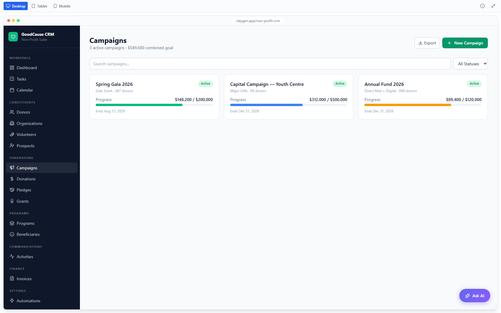 GoodCause CRM demo: the Campaigns screen. Live progress toward each campaign goal.