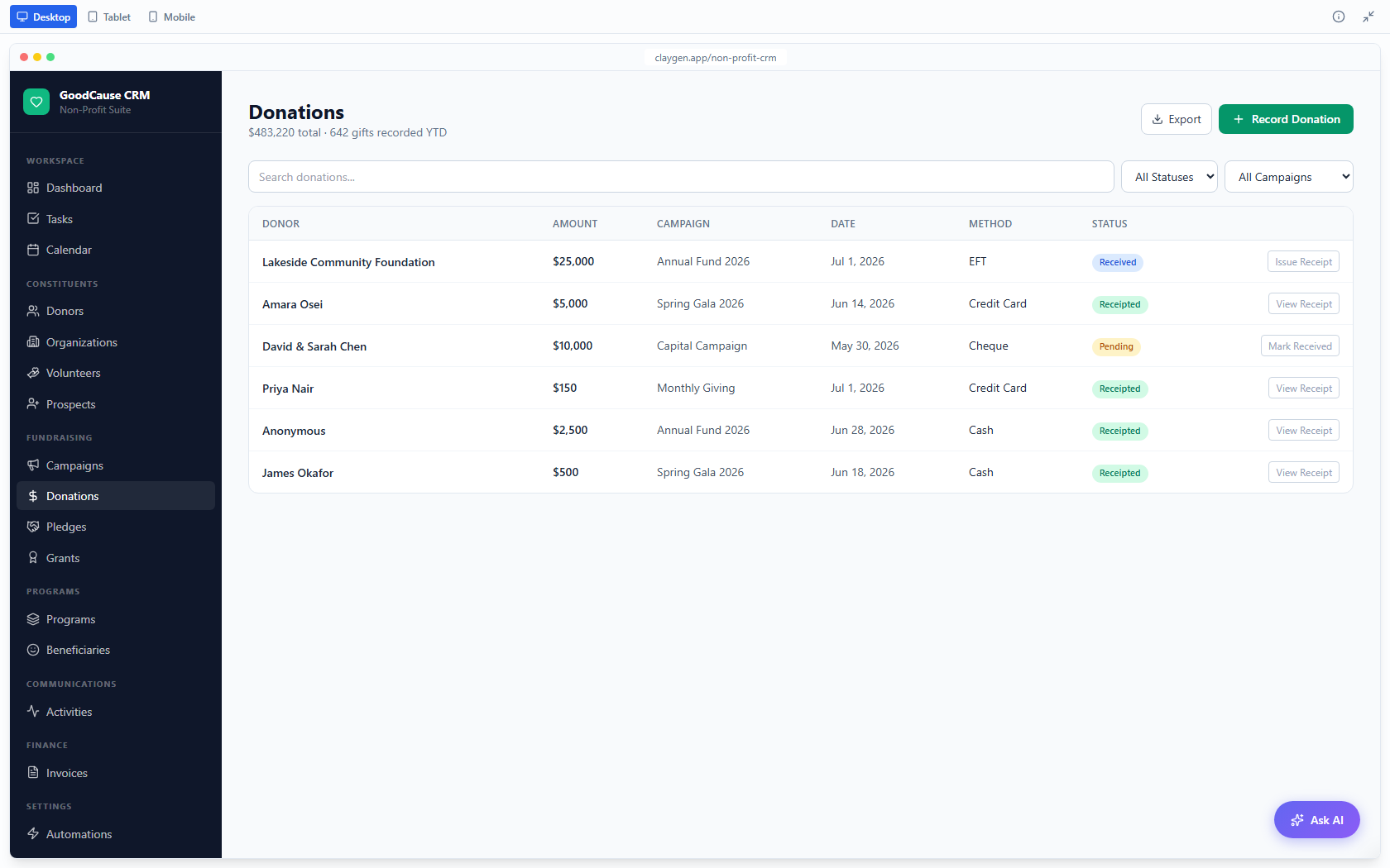 GoodCause CRM demo: the Donations screen. Gifts by campaign and method, with receipt status.